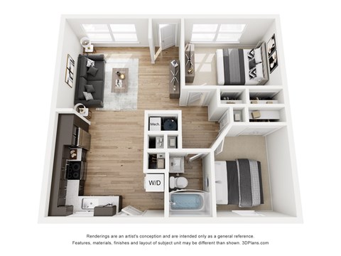 Floor plan for 2 beds, 1 bath, 807 sqft